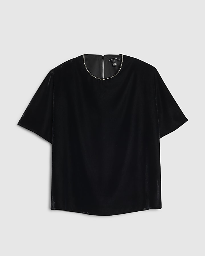 Black Velvet Diamante Trim T-Shirt