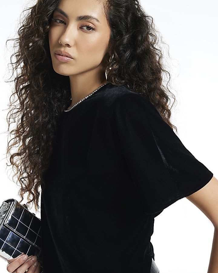 Black Velvet Diamante Trim T-Shirt