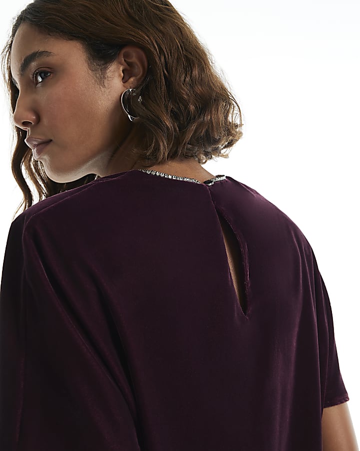 Burgundy Velvet Diamante Trim T-Shirt