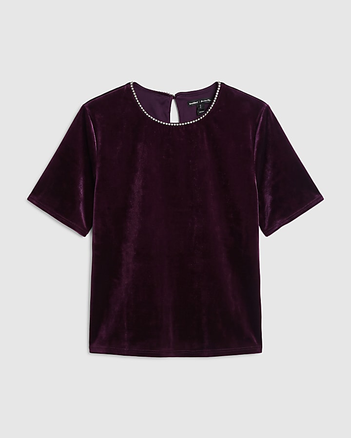 Burgundy Velvet Diamante Trim T-Shirt