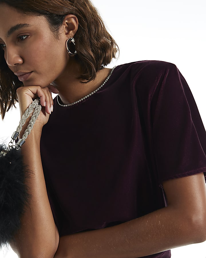 Burgundy Velvet Diamante Trim T-Shirt