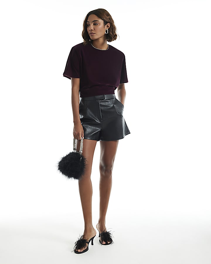 Burgundy Velvet Diamante Trim T-Shirt
