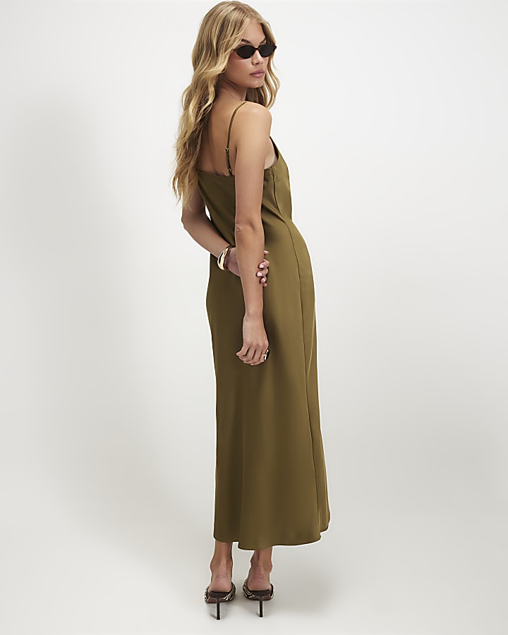 Khaki Satin Slip Maxi Dress