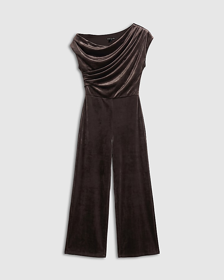 Brown Velvet Asymmetric Drape Jumpsuit