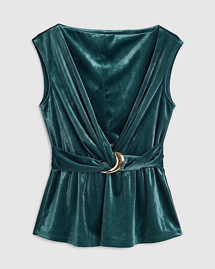 Blue Velvet One Shoulder Buckle Top