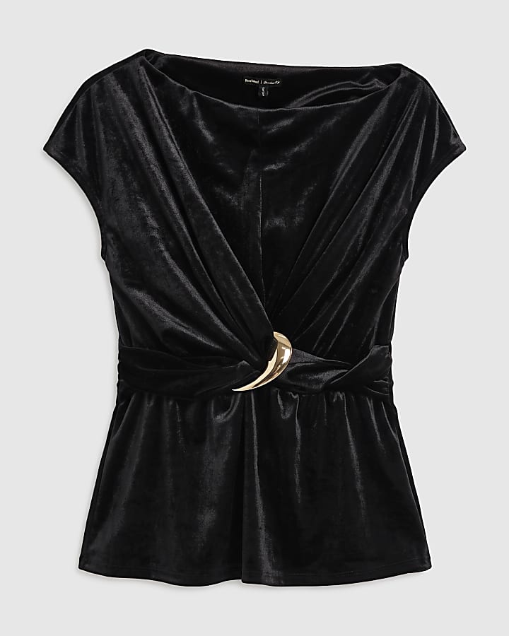 Black Velvet One Shoulder Buckle Top