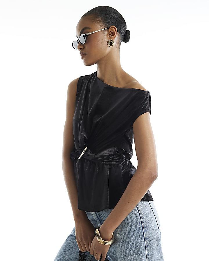 Black Velvet One Shoulder Buckle Top