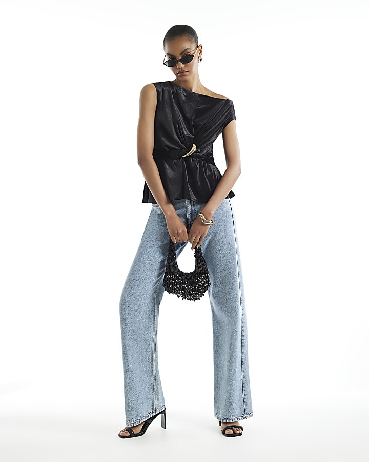 Black Velvet One Shoulder Buckle Top