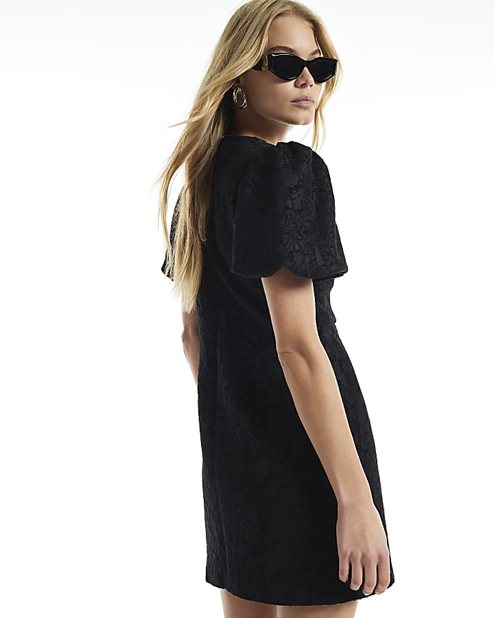 Black Velvet Lace Puff Sleeve Mini Dress