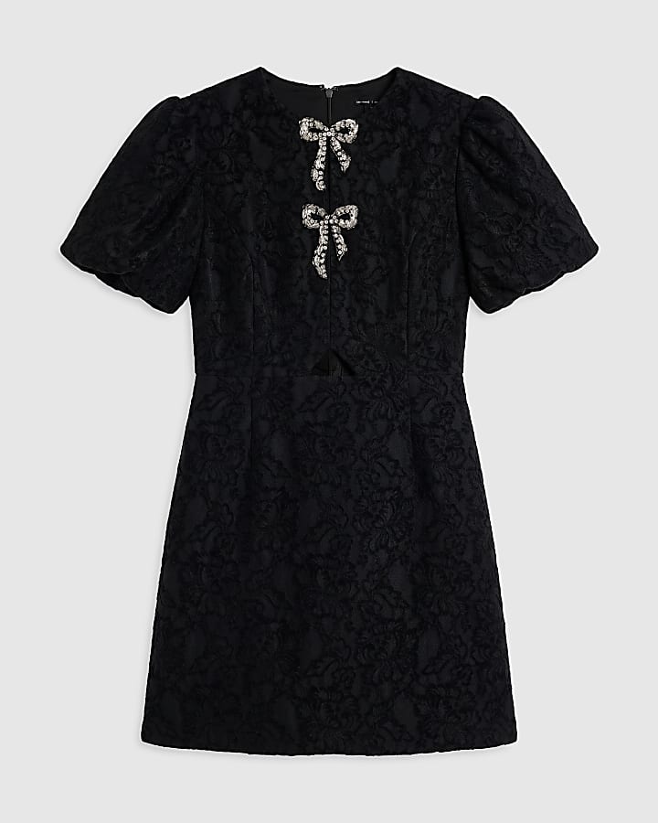 Black Velvet Lace Puff Sleeve Mini Dress