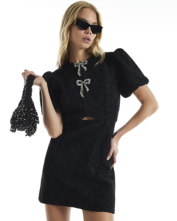 Black Velvet Lace Puff Sleeve Mini Dress