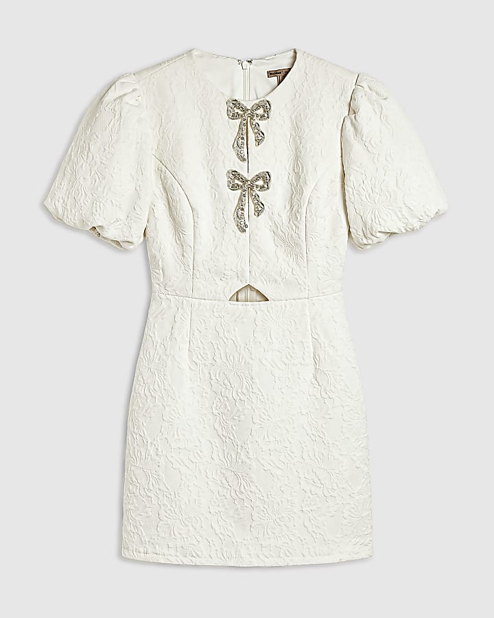 Cream Velvet Lace Puff Sleeve Mini Dress