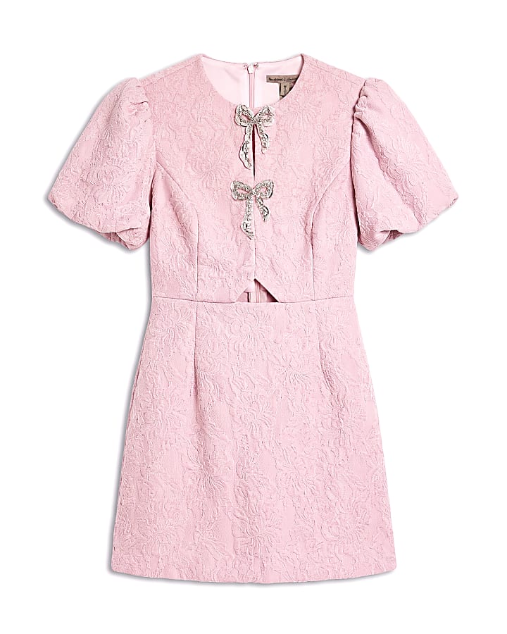 Pink Velvet Lace Puff Sleeve Mini Dress