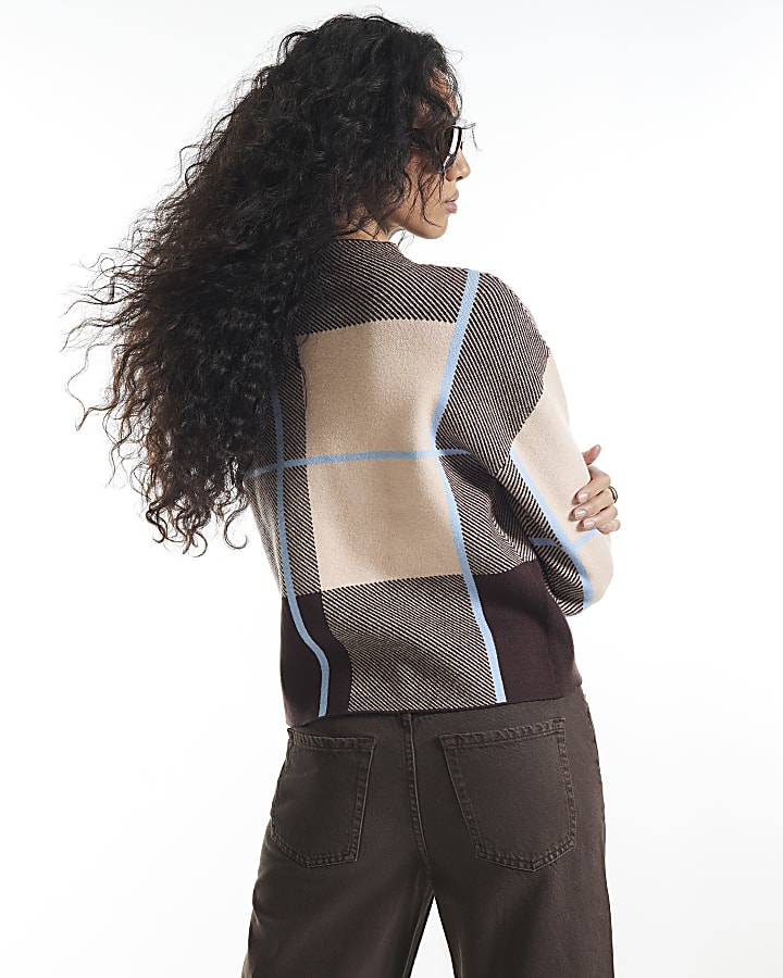 Brown Check High Neck Jumper