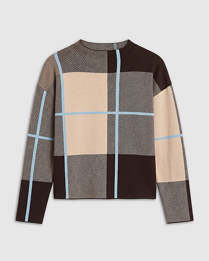 Brown Check High Neck Jumper