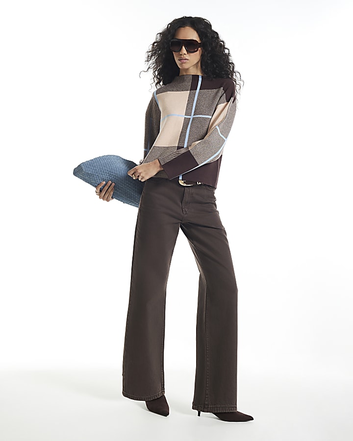 Brown Check High Neck Jumper