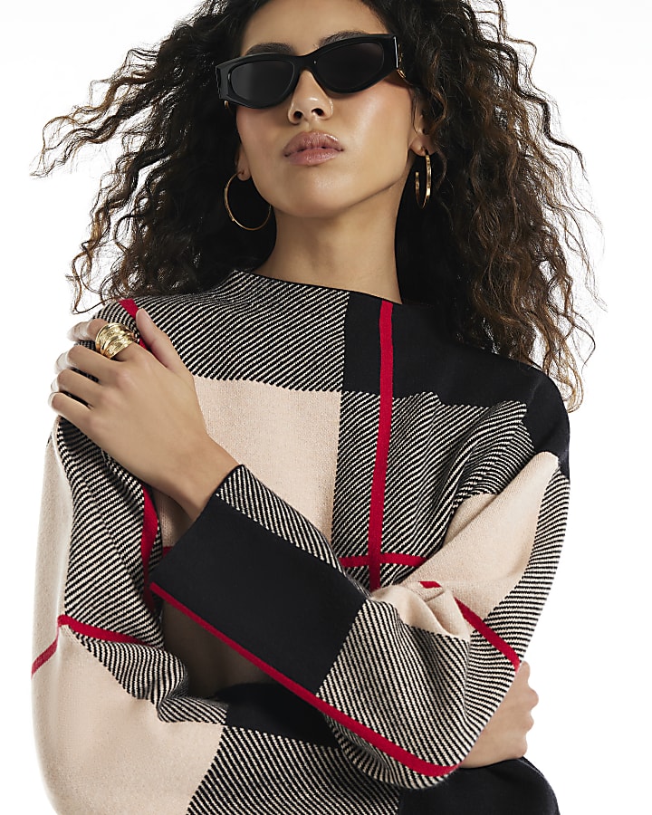 Black Check High Neck Jumper