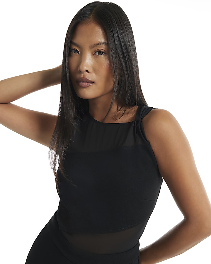 Petite Black Mesh Top Jumpsuit