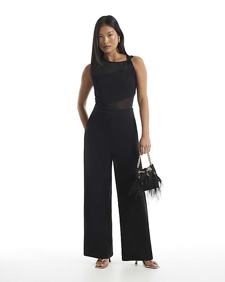 Petite Black Mesh Top Jumpsuit