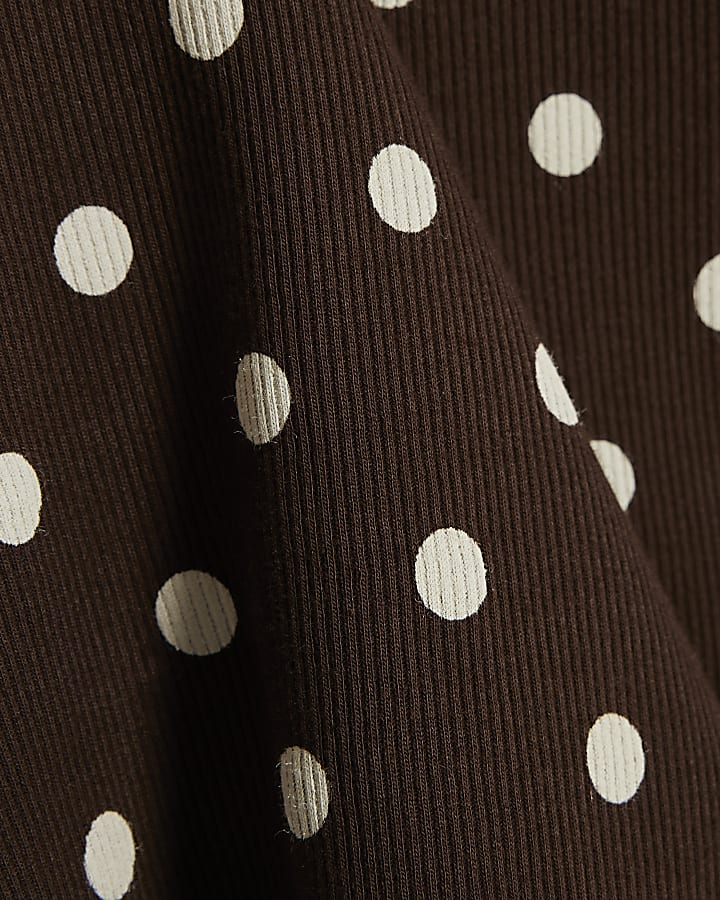 Brown Crew Neck Polka Dot Top