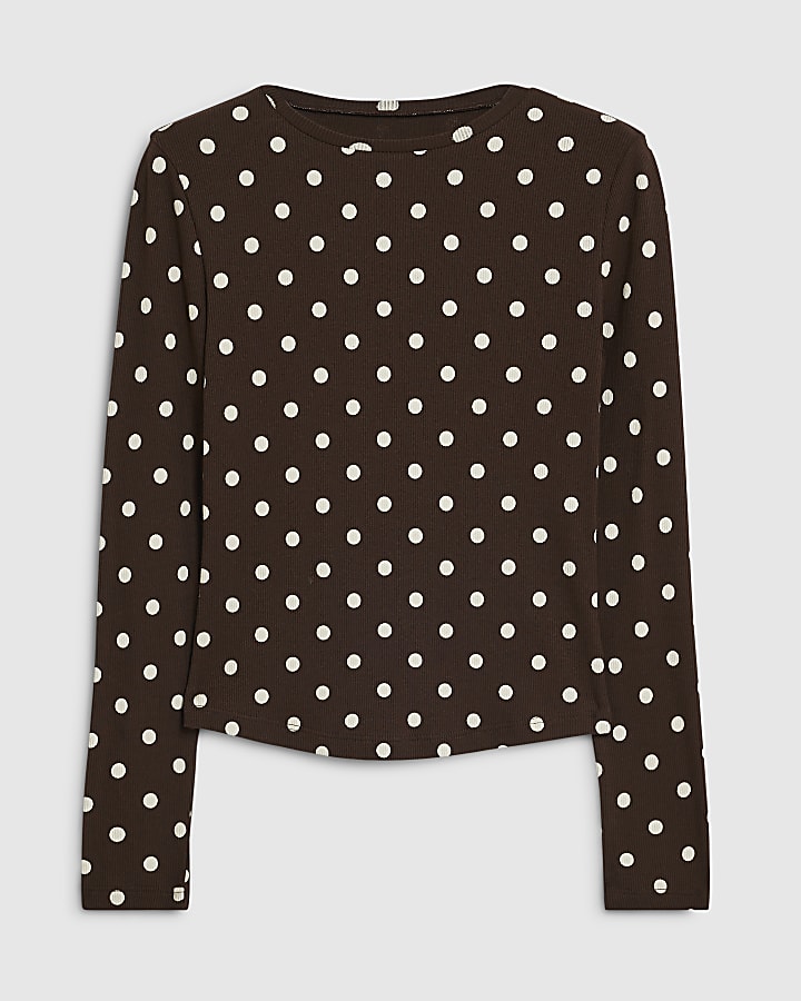 Brown Crew Neck Polka Dot Top
