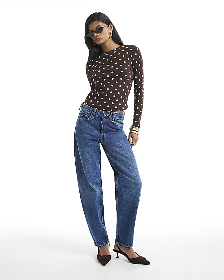 Brown Crew Neck Polka Dot Top