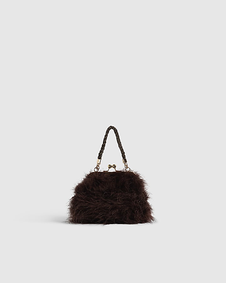 Brown Diamante Feather Clutch Bag