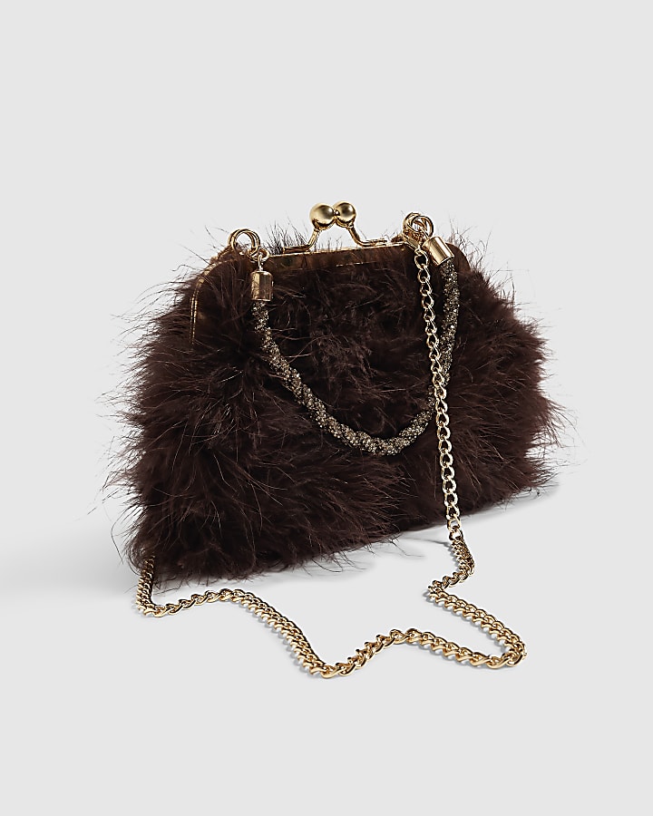 Brown Diamante Feather Clutch Bag