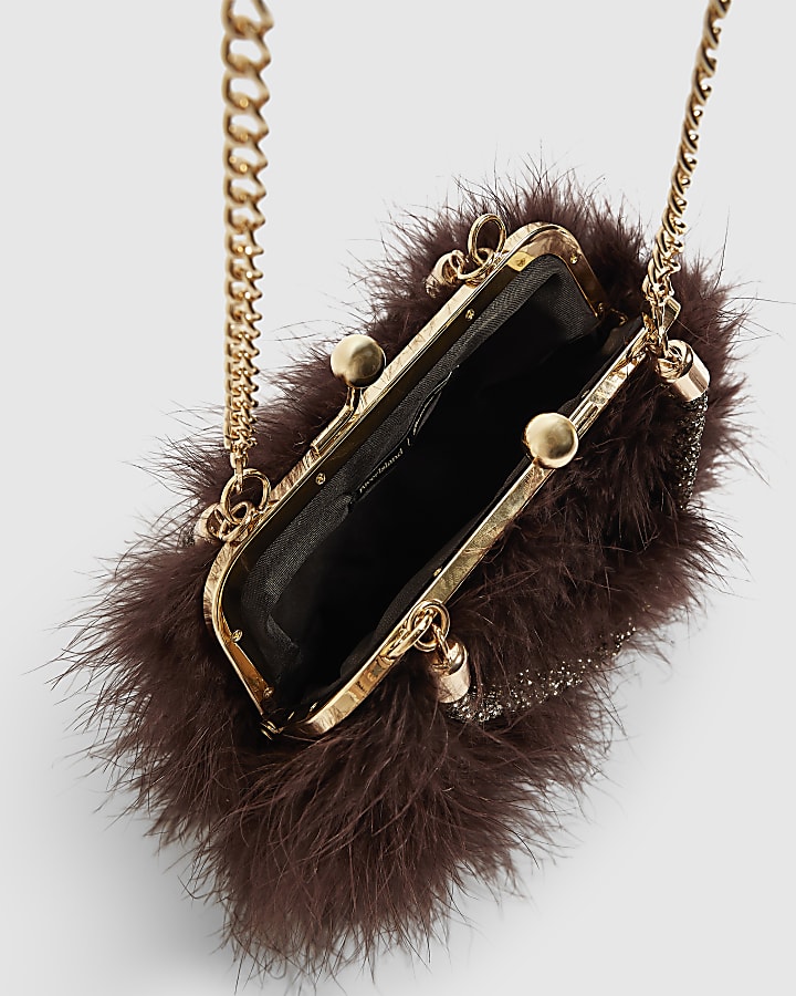 Brown Diamante Feather Clutch Bag