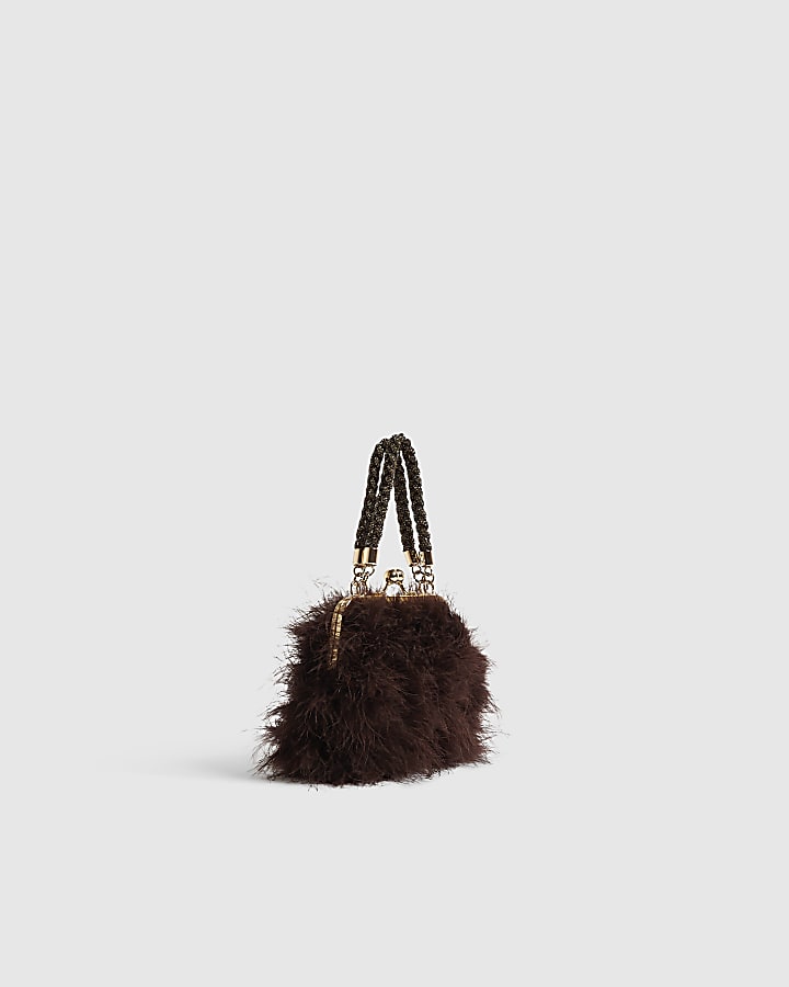 Brown Diamante Feather Clutch Bag