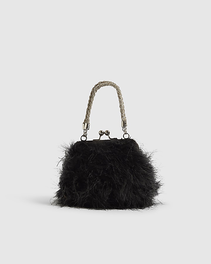 Black Diamante Feather Clutch Bag