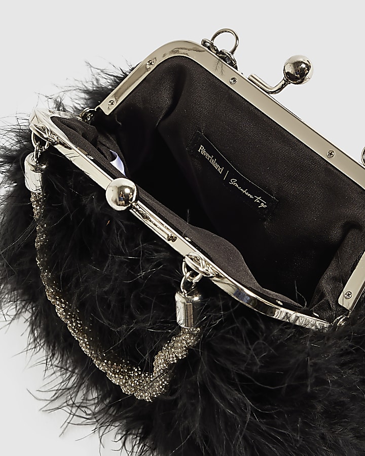 Black Diamante Feather Clutch Bag