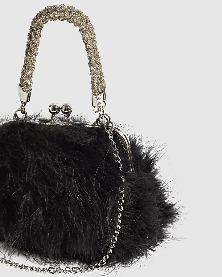 Black Diamante Feather Clutch Bag