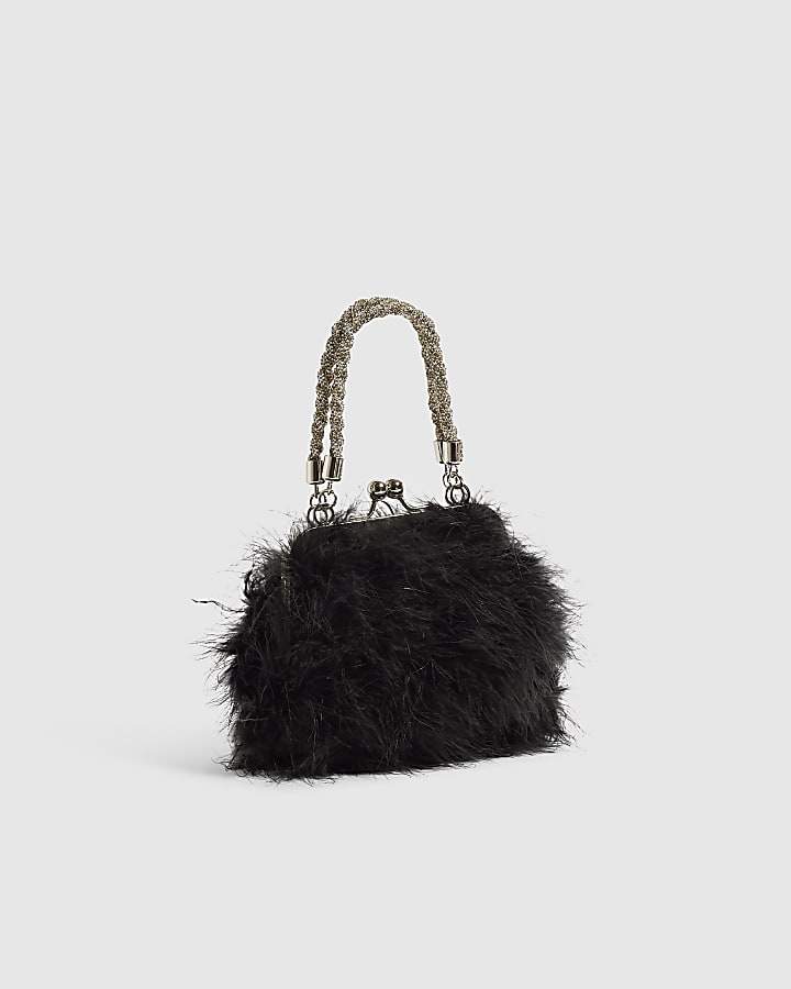 Black Diamante Feather Clutch Bag