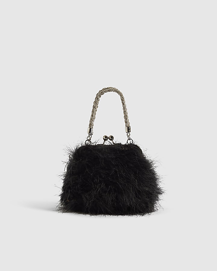 Black Diamante Feather Clutch Bag