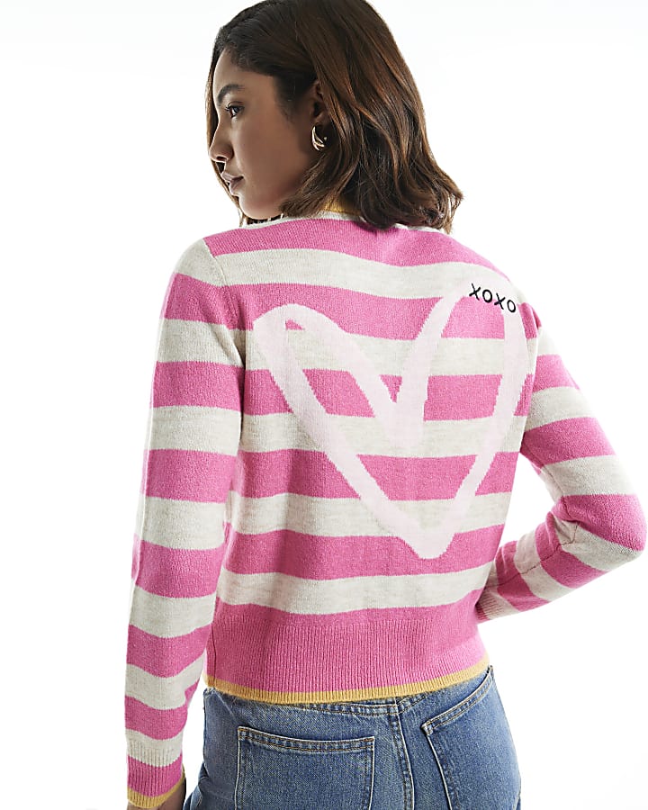 Pink Knit Stripe Happy Embroidered Cardigan