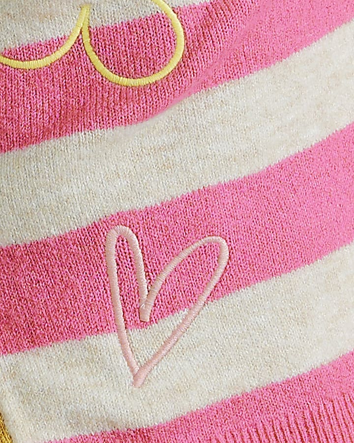 Pink Knit Stripe Happy Embroidered Cardigan