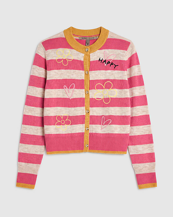 Pink Knit Stripe Happy Embroidered Cardigan