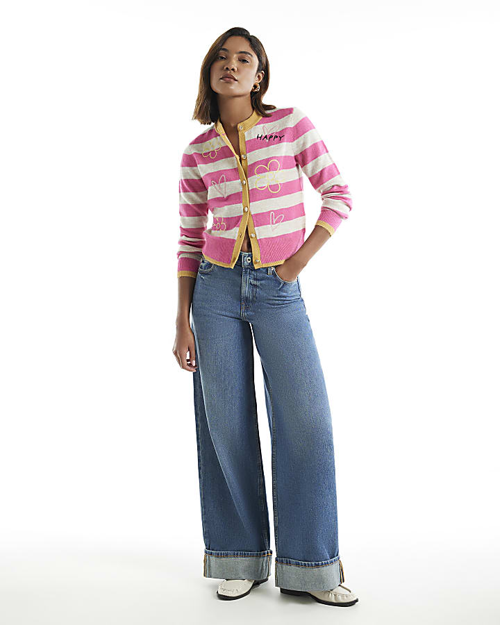 Pink Knit Stripe Happy Embroidered Cardigan