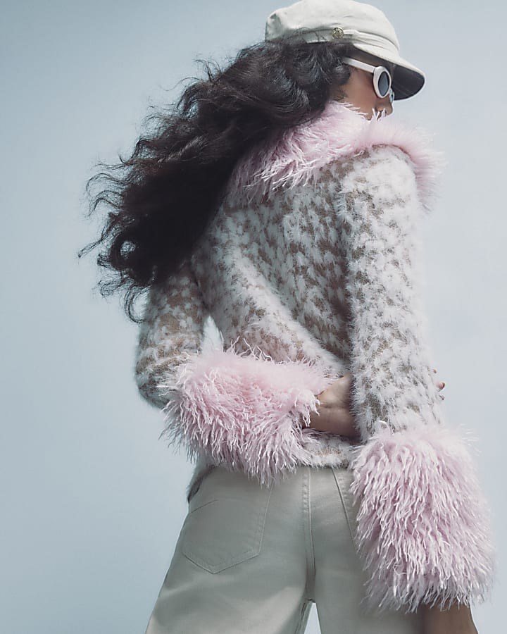 Beige Deer Print Faux Fur Collar Cardigan