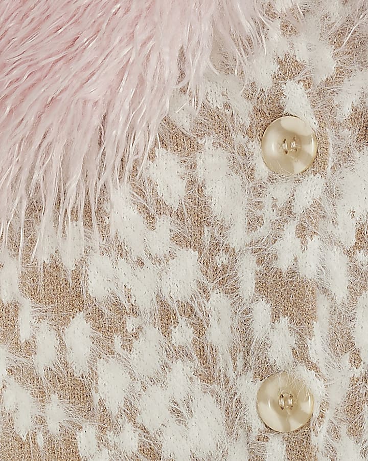 Beige Deer Print Faux Fur Collar Cardigan