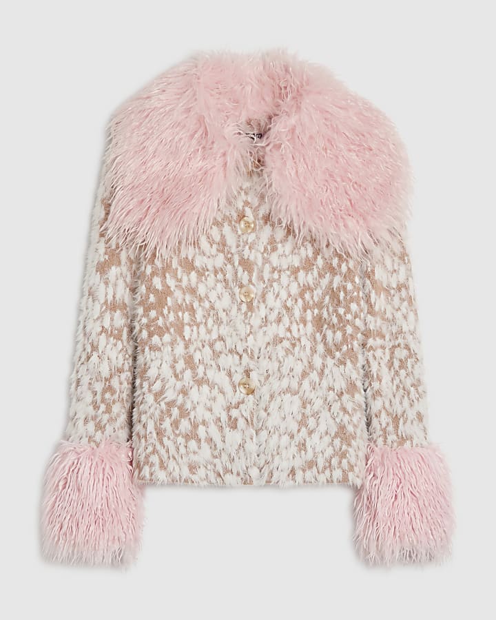 Beige Deer Print Faux Fur Collar Cardigan