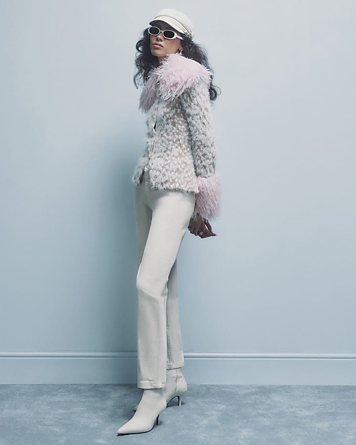 Beige Deer Print Faux Fur Collar Cardigan