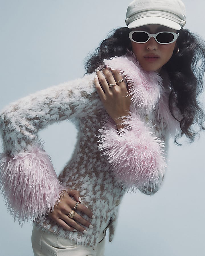 Beige Deer Print Faux Fur Collar Cardigan