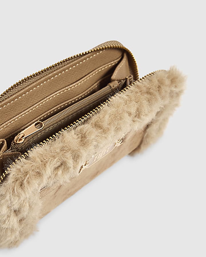 Beige Borg Trim Zip Around Purse