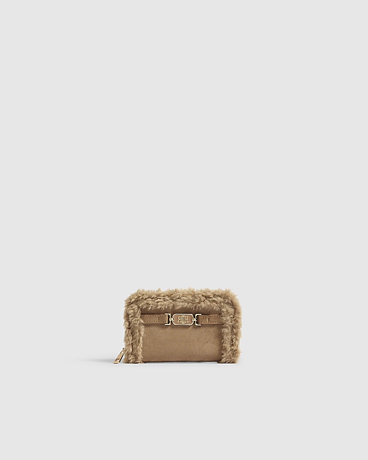 Beige Borg Trim Zip Around Purse