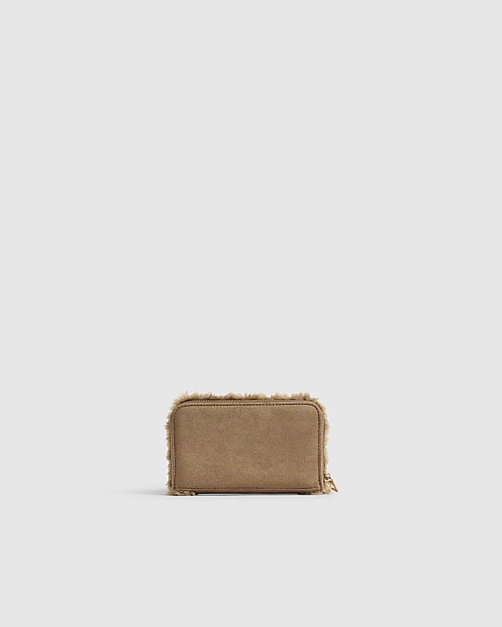 Beige Borg Trim Zip Around Purse