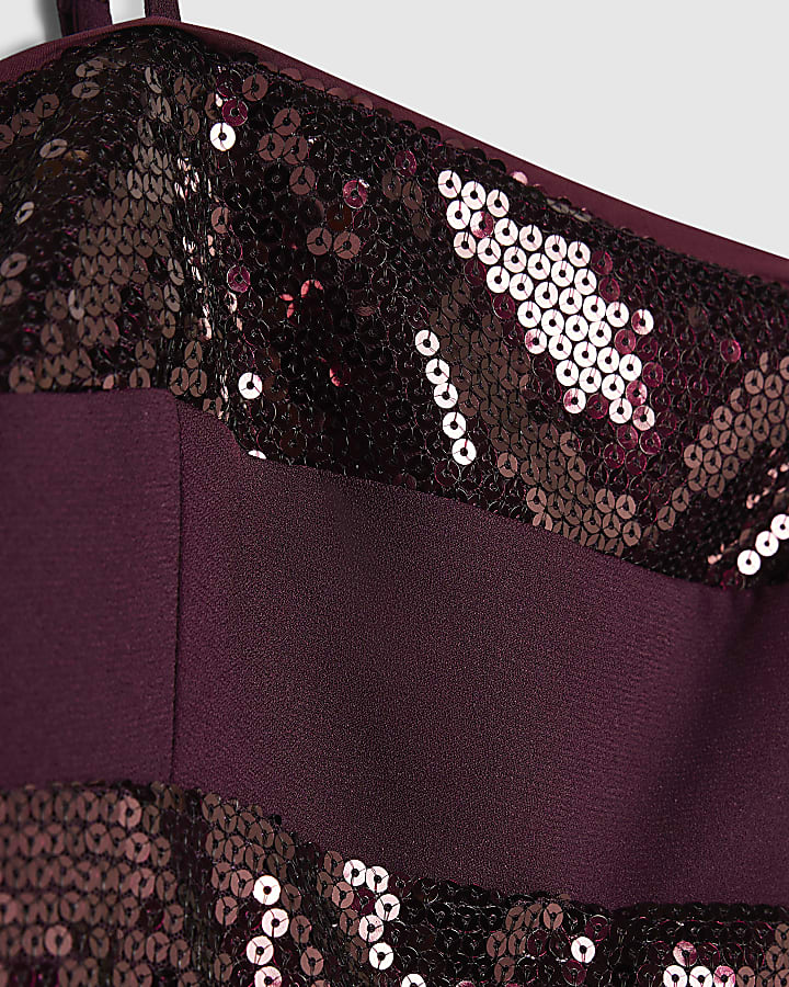 Purple Sequin Panel Strappy Mini Dress