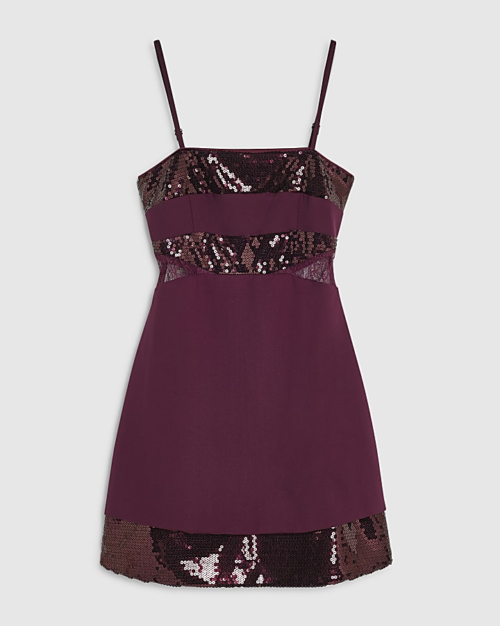 Purple Sequin Panel Strappy Mini Dress