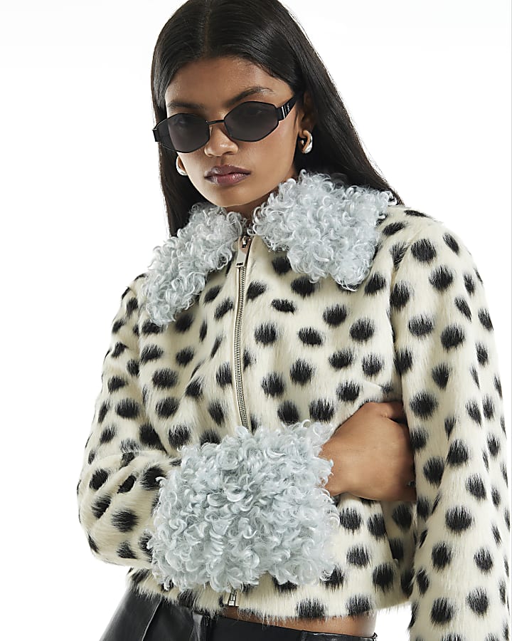 Black Animal Spot Fur Collar Jacket